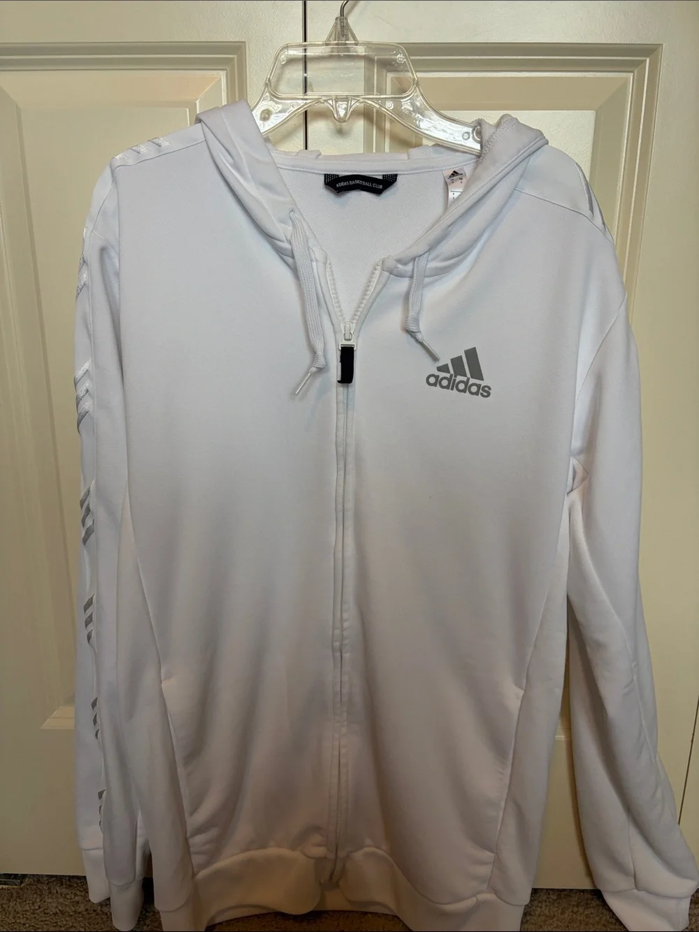 adidas White Hoodie with Gray Logo and Stripe Accents